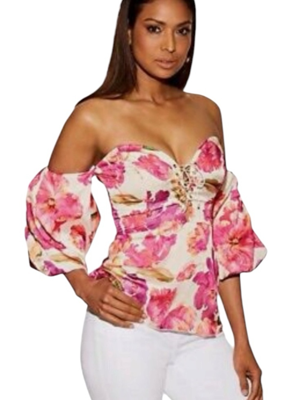 Alexia Admor corset lace up bustier, Pink Floral Off-Shoulder Puff Sleeve Top 12